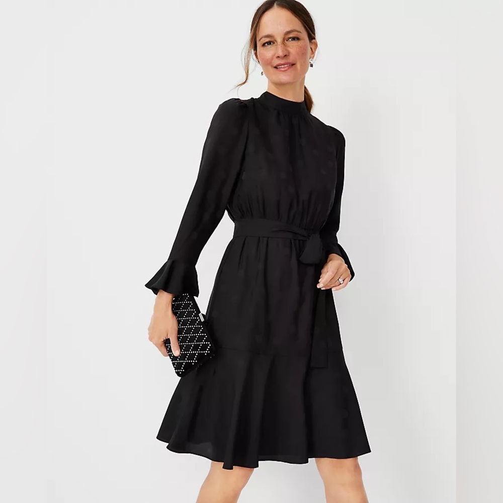 Ann Taylor Dotted Mock Neck Flounce Dress